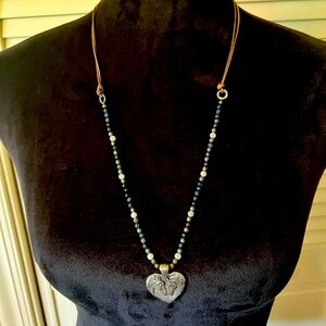 Heart Horse Pendant with Leather accent, Blue and white gemstone Beaded Necklace